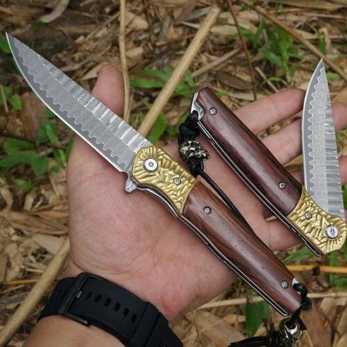 Damascus Folding Knife Tactical Camping survival VG10 Folding Blade Knife Outdoor EDC Tools Pocket Knives Copper+Wood Handle