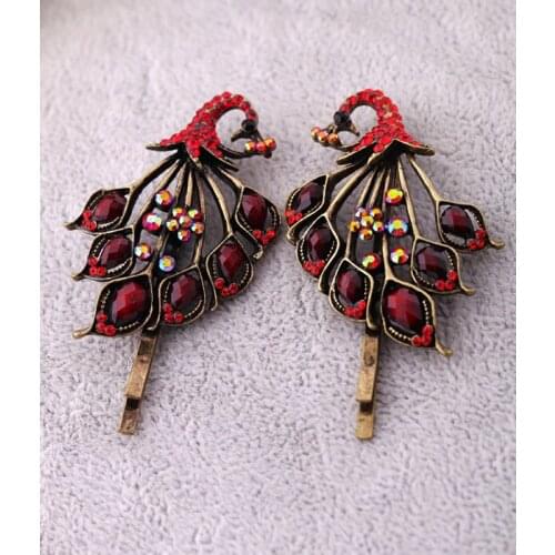 Vintage Red & Blue Peafowl Hairpin For Women Antique Gold Color Bird Barrettes Women Fashon Jewelry