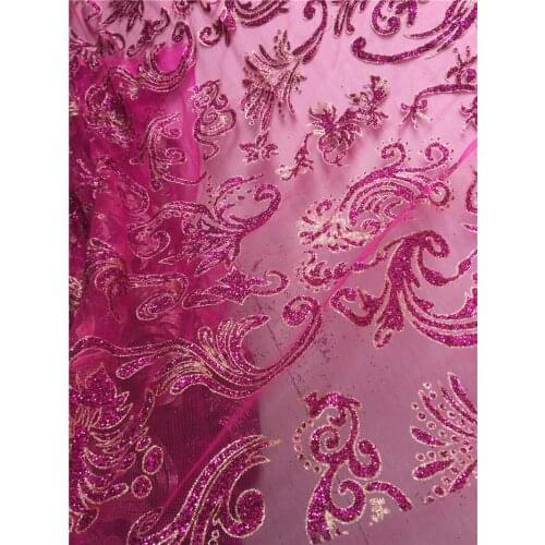 Tense Flower India Fabric Mesh Tulle Hand Print Glitter Lace Fabric for Wedding Dress/evening Dress/party Gold Fushia Pink