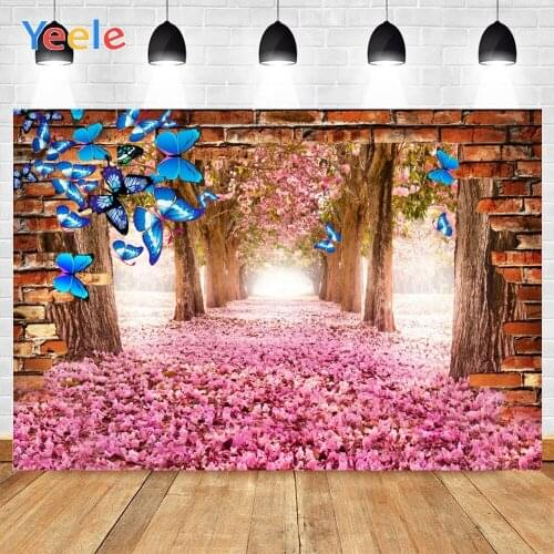 Yeele Red Brick Wall Tree Pink Flowers Green Leaves Blue Butterflies Background Photophone Photography for Decor Customized Size