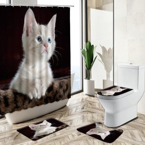 Cute Cat Shower Curtains Pet Animal Bathroom Sets Child Room Non-Slip Carpet Toilet Cover Bath Floor Mat Washable Home Decor