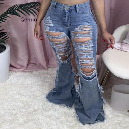 Retro Women Ripped Jeans Solid Sexy Hole Jeans Ripped Flare Trousers Skinny Bell Bottom High Waist Lady Denim Pants