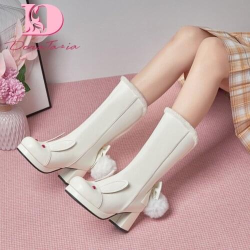 DoraTasia Rabbit Ears Sweet Cute Hairball Mid Calf Boots Women Platform Chunky Heels Winter Warm Plush Shoes Loli Girls Booties