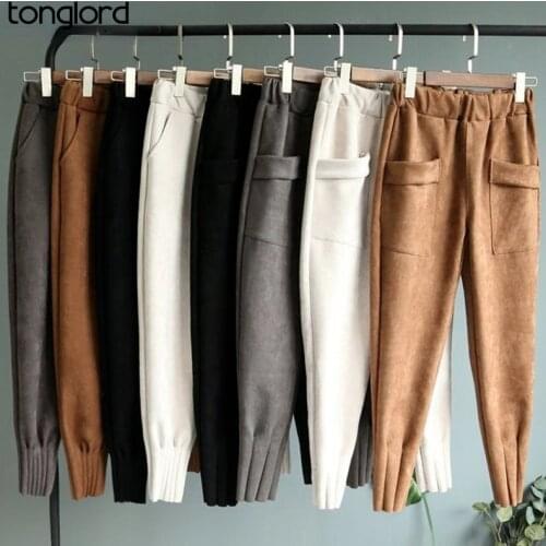 Women Faux Leather Suede Pant Autumn Winter Female Elastic Waist Warm Thick Faux Suede Harem Pant Women Casual Pants Trousers