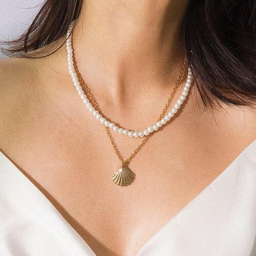 Fashion Temperament Imitation Pearl Scallop Shell Pendant Necklace for Women Double Layer Geometric Clavicle Necklace Jewelry