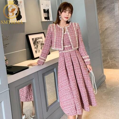 SMTHMA Winter New fashion womens Tweed short coat and dress two-piece suit High Quality Womens Beading Dress 2 piece Sets
