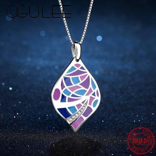 2021 Summer New Design 925 Sterling Silver Necklace Geometry Purple Blue Pendants Necklace Women Luxury Party Jewelry Enamel