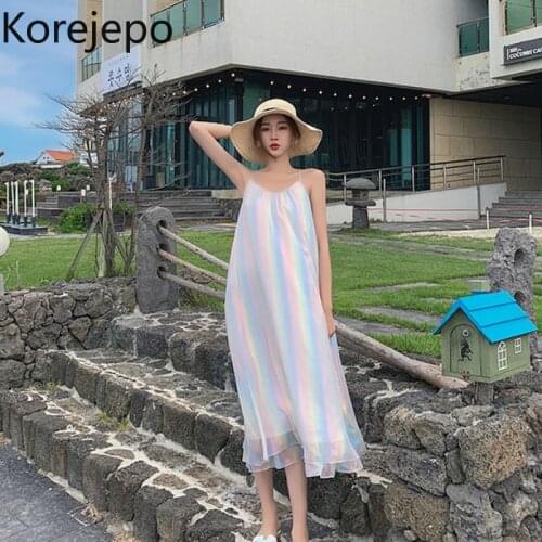 Korejepo Women Spaghetti Strap Dress 2021 Summer New Beach Style Fairy Loose Rainbow Colors Mesh Stitching Holiday Long Dress