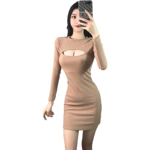 Elegant Women Dress Patchwork Hollow Out Design Round neck Long Sleeve Solid Color Slim Hips Autumn Winter Dress for Streetwear