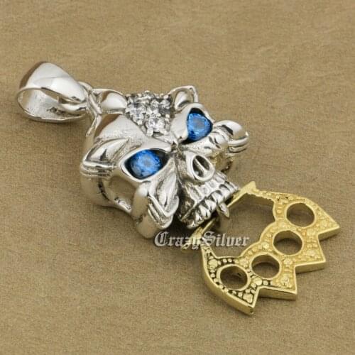 925 Sterling Silver CZ Eyes Skull Knuckle Duster Mens Biker Rocker Punk Pendant 9V026