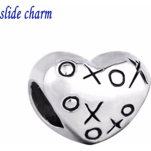 Slide charm Free shipping Valentines Day gift of love XOXO black and white broken heart charm beads fit Pandora bracelet