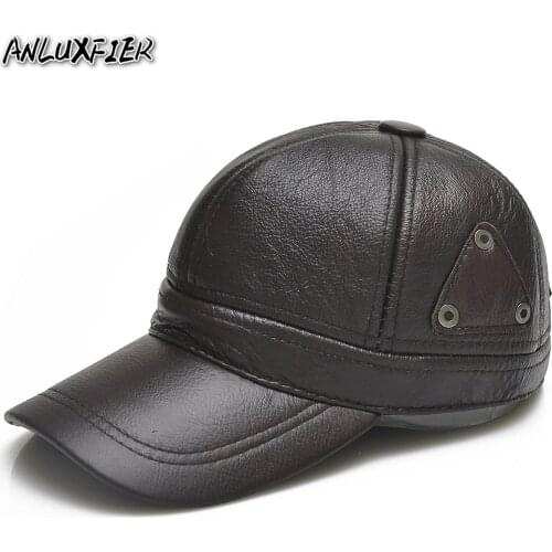 B-7122 Natural Skin Hats Genuine Leather Baseball Cap Adult Adjustable Cap Winter Warm Head Wear Ear Protective Hats
