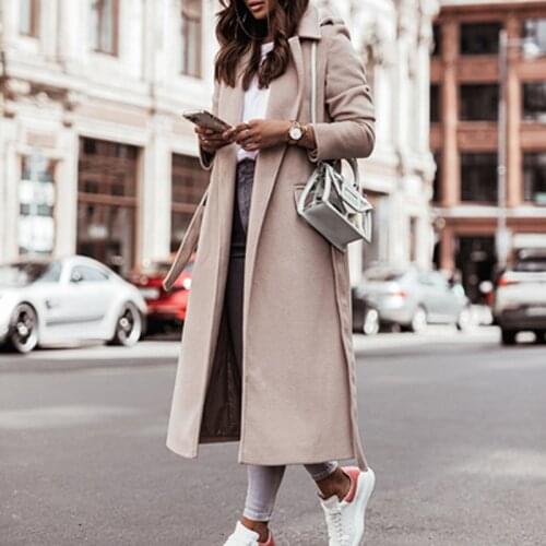 Simple Solid Autumn Winter Long Wool Blazer Women Sexy Turn-down Collar Long Sleeve Tops Cardigan Fashion Lace-up Belted Outwear