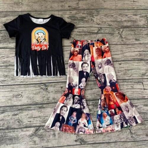 Spring/Fall Lady Photo Print Bell Bottom Pants Black Short Sleeve Tassels Top Baby Girl Boutique Clothing