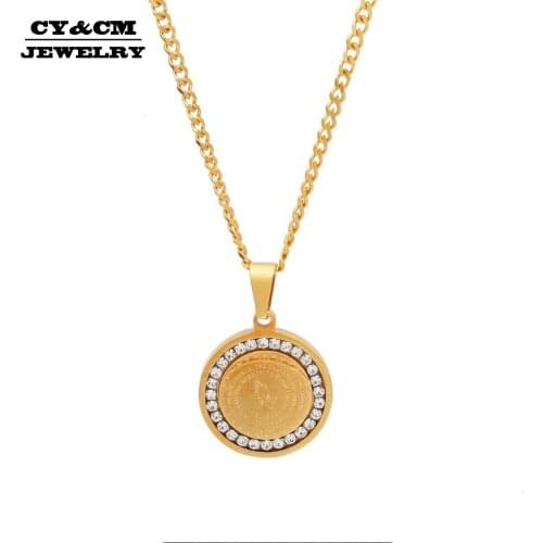 CY&CM High Quality Hand of HipHop Prayer Stainless Steel Round Dog Tag AAA Rhinestone Personality Trend Prayer Pendant Necklace