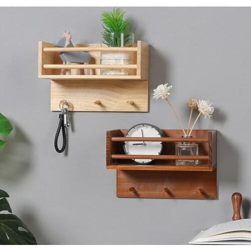 Wood Shelves Rack Wall Mounted Storage Holder With Hooks For Home Living Room Plant Flower Pot Crafts Display Stand Decoration
