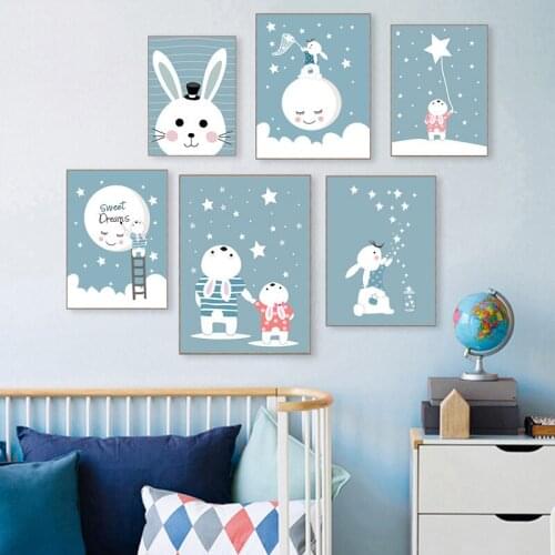 Nordic Children cartoon Animal bunny sweet dreams Blue Canvas Painting Wall Art Posters Print Baby Bedroom Nursery Picture Decor
