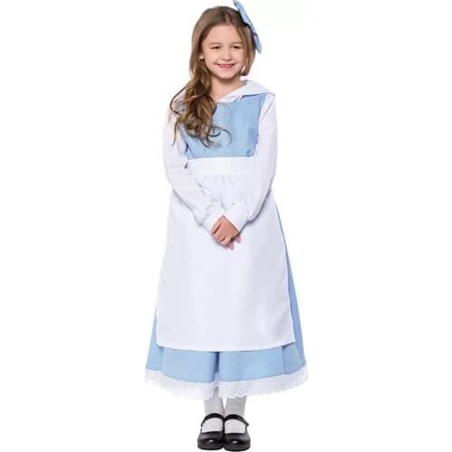 Teen & Kid Girls Beauty & Beast Belle Princess & Anice Maid Costume White Blue Maid Apron Dress Fancy Uniform For Child 4-11T