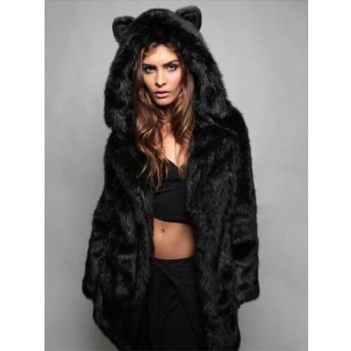 Faux Fox Fur Coat Women Winter Hooded Cat Ears Thick Fluffy Long Sleeve Warm Outerwear Luxury Fur Jacket Bontjas Elegant Mujer