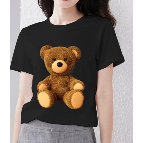 Summer Womens T-Shirts Kawaii Cartoon Teddy Bear Pattern Ladies Tops Female Black All-match O-neck Short Sleeve Tees Clothing