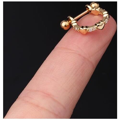 Cute Small Zircon Heart C Circle Ear Cartilage Piercing Stud Cuff Simple Double Side Steel Helix Bar Earring Ear Jewelry