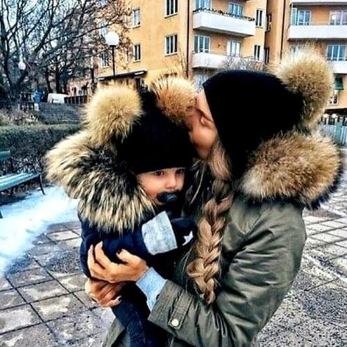 Fashion Parent-child Caps Cute Infant Baby Pompon Winter Hat Double Fur Ball Hat Mother Kids Warm Knitted Hat Newborn Beanie Cap