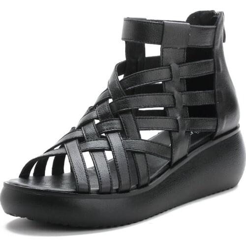 2021 Fashion Genuine Leather Summer Shoes Wedges Sandles Women Gladiator Sandals Vintage Open Toe Cross Platform Sandals Female