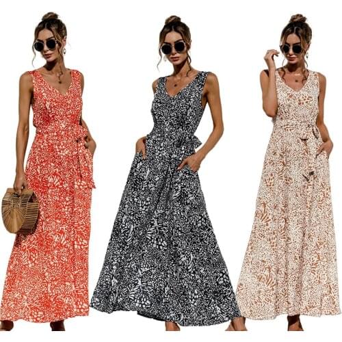 Sundresses Women sleeveless High Waist Floral Printed Dress V-neck Beach Summer Tunic Long Dresses Backless Sexy Vestidos 2021