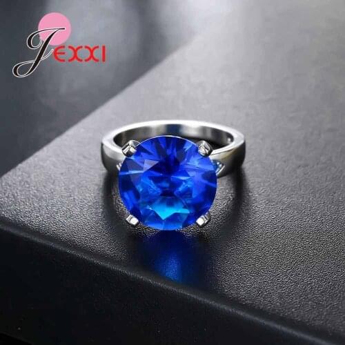 Vintage Blue Round Austrian Crystal Engagement Anniversary Rings For Women 925 Sterling Silver Cubic Zircon Ring Accessory