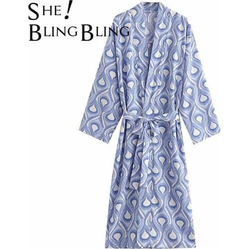 SheBlingBling Za Woman Traf Blouses Summer Geo Print Drop Shoulder Long Sleeve Kimono Shirt Mid-Length Loose Casual Beach Tops