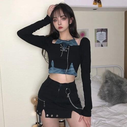 2020 ladies sportswear fake two-piece tie-dye chain stitching top ladies lace-up long-sleeved T-shirt dark Harajuku mini