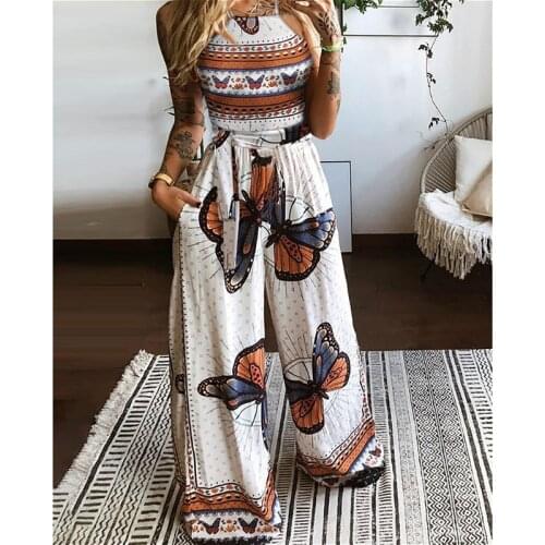 2021 New Women Two Piece Pants Sets Butterfly Printed Cami Crop Tops and Loose Wide Leg Pants Casual Bohemian Sexy 2Pcs Sets