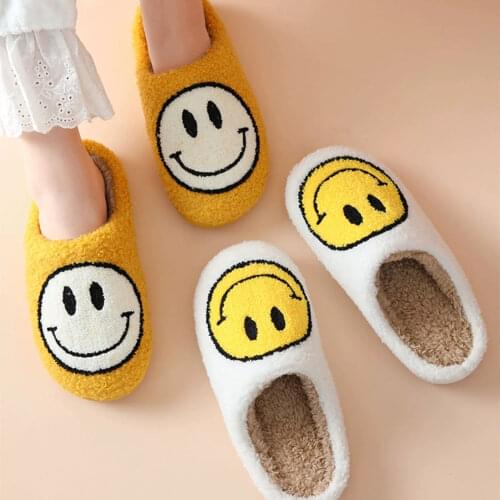Cartoon Smiley Pattern Women Fluffy Slippers Winter House Girls Fur Slippers Funny Winter Warm Bedroom Ladies Cotton Plush Shoes