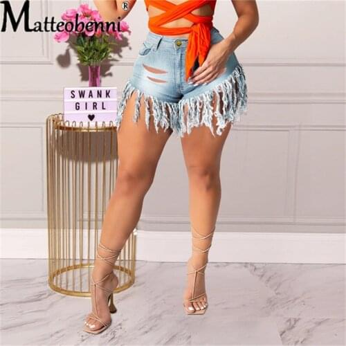2021 Women Ripped Denim Shorts Tassels Broken Holes Summer Sexy Ladies Solid Straight Shorts High Waist Casual Streetwear Jeans