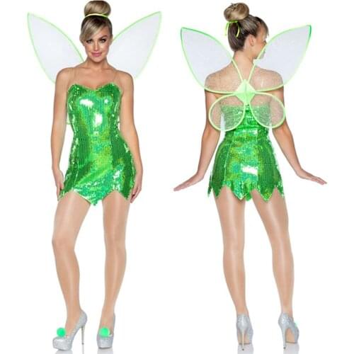 Women&/39;s Pretty PU Fairy Leaves Dress Costume Sexy Lady Green Sequin Short Dresses with Wings Halloween Cosplay Costome