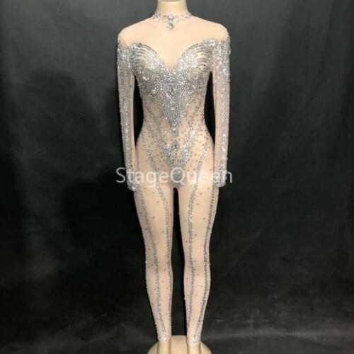 Women Sexy Stage Net Yarn Jumpsuit Full Of Glass Sparkling Crystals Bodysuit Nightclub Party Fashion Show Singer Bling Costumes