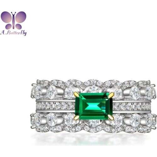 100% 925 Silver Ring Green 5*7MM Emerald Cut Full Set High Carbon Simulation Diamond Luxury Female Ring