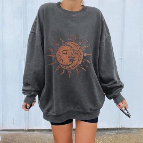 2021 Fashion Womens Vintage Sun Moon Printed Sweatshirt Casual Women Hoodies Plus Size Long Sleeve Lady Hooded Dropshipping