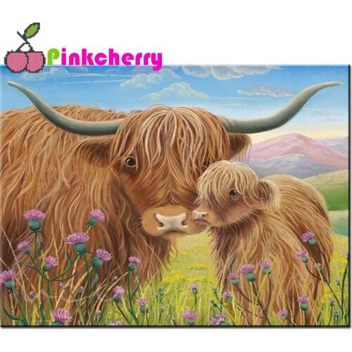 Full Square Round Diamond Painting Highland Cattle Diamond Embroidery Cross Stitch Kit Animal Mosaic Picture of Rhinestone k1230