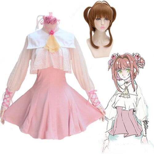 Anime Card Captor Sakura Kinomoto Sakura Cosplay Costume Pink Lolita Dress Costumes + wigs Cosplay Japan Uniform Anime Costume