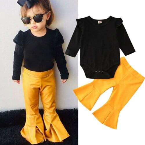 Toddler Baby Girls Ruffle Long Sleeve Bodysuit Flare Wige Leg Pants 2Pcs Fall Spring Outfits Clothes