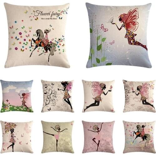 Cartoon Flower Beauty Girl Cushion Cover Butterfly Floral Riding Vintage Bicycle Pillow Case Decorative Sofa Home Decor i844