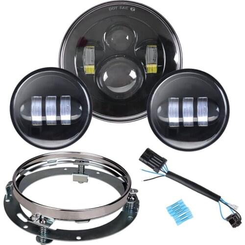 For Harley 7" Led Projector Motor Headlight + 4 1/2 Passing Lights For Harley Touring Electra Glide Black 7 inch led