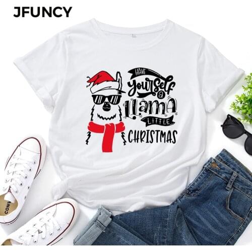 JFUNCY 100% Cotton Christmas Womens T-shirt Graphic Printed Casual Female T Shirt Women Plus Size Short Sleeve Tees Top