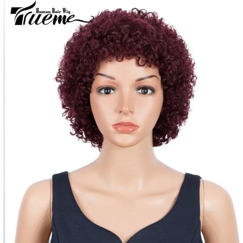 Trueme Short Curly Human Hair Wigs For Women Brazilian Remy Curly Ombre Human Hair Wig Mix Brown Burgundy black Colored Full Wig