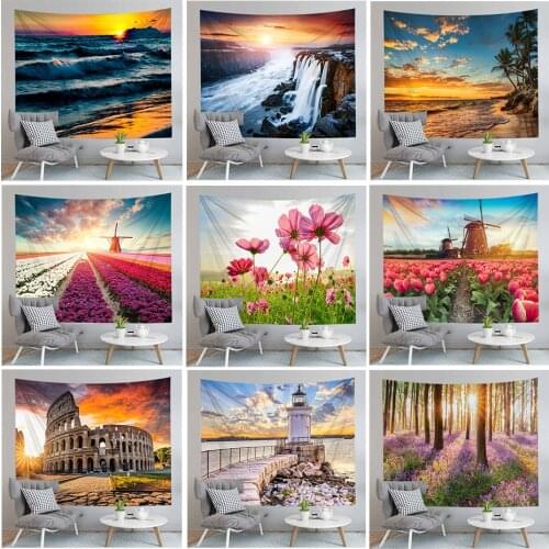 Nice Scenery Wall Hanging Carpet Landscape Tapestry Sea Beach Cloth Mat Flower Blanket Home Decoration