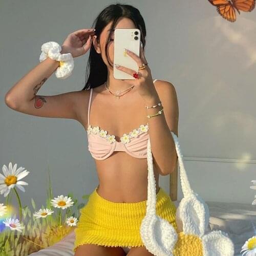 Summer Cute Camis Pink Aesthetic Flower Bralette Top Kawaii Women Sexy Ruched Spaghetti Strap Cottagecore Crop Tops Floral Bra