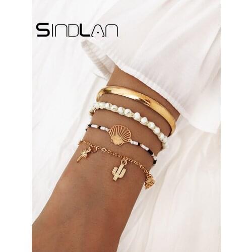 Sindlan 4 PCs Boho Weave Bracelets Set for Women Charm Smooth Open Bangle Beads Rope Chain with Metal Shell Beach Girls Wrist Je