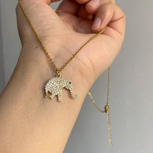 New Cute Micro Pave CZ Elephant Pendant Necklace Womem Men Trendy Gold Color Cubic Zircon Charm Steel Chain Collar Jewelry