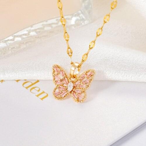 New korean fashion Elegant pink Crystal Butterfly Pendant Necklace Stainless Steel collar for Women Shinny Gold Color neck Chain